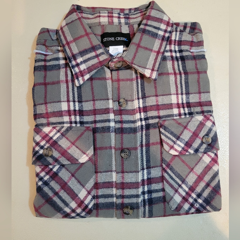 Brand new Men's Stone Creek red & gray plaid button-down, size L shirt